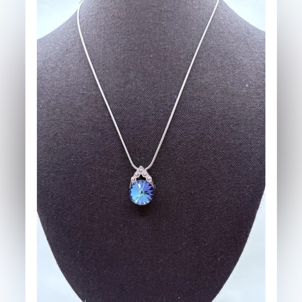 Sapphire Blue Rivoli Swarovski Crystal Pendant Necklace William Wang Silvertone